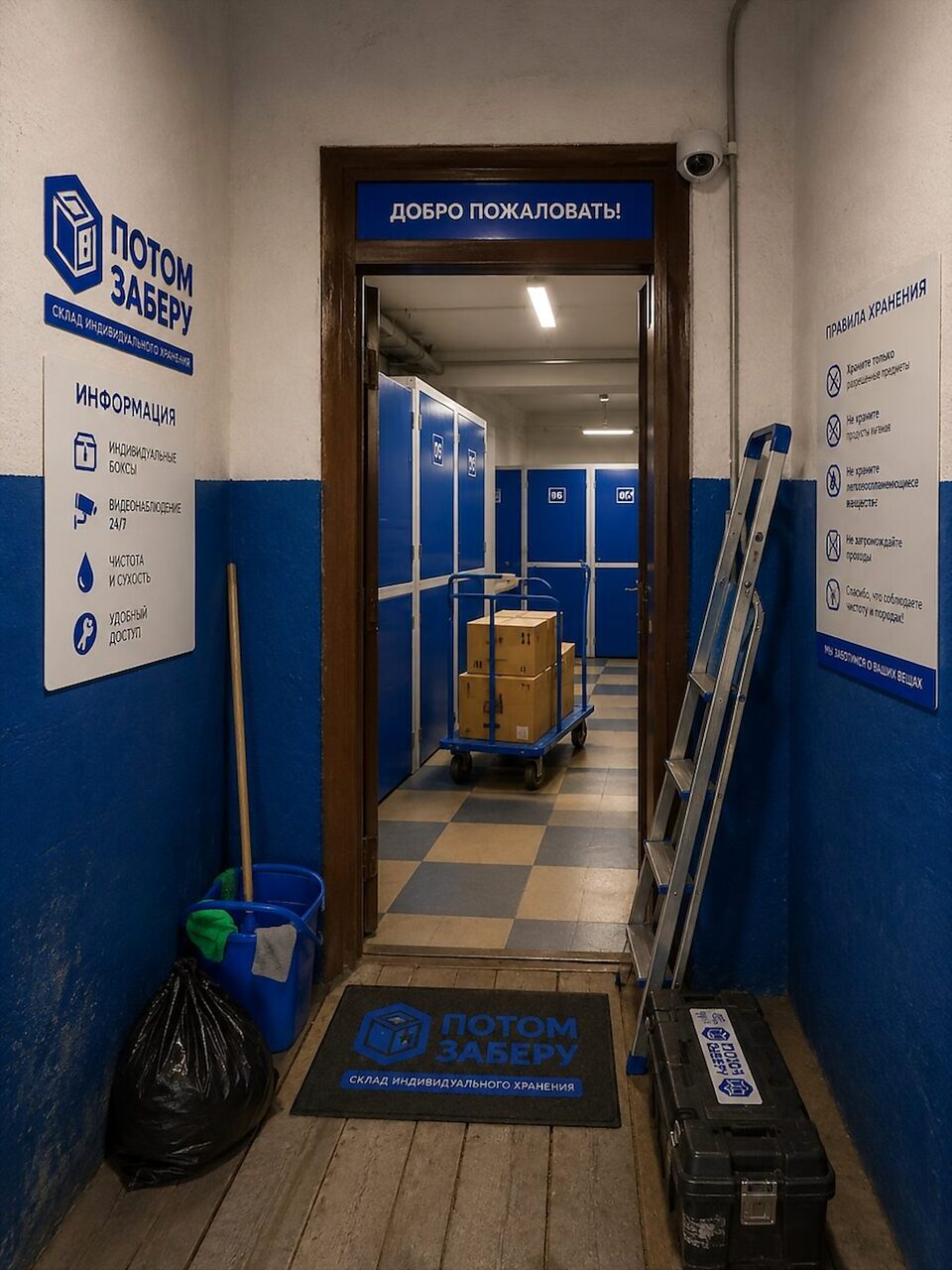 Вход на склад «Потом заберу» с табличкой «Добро пожаловать»
